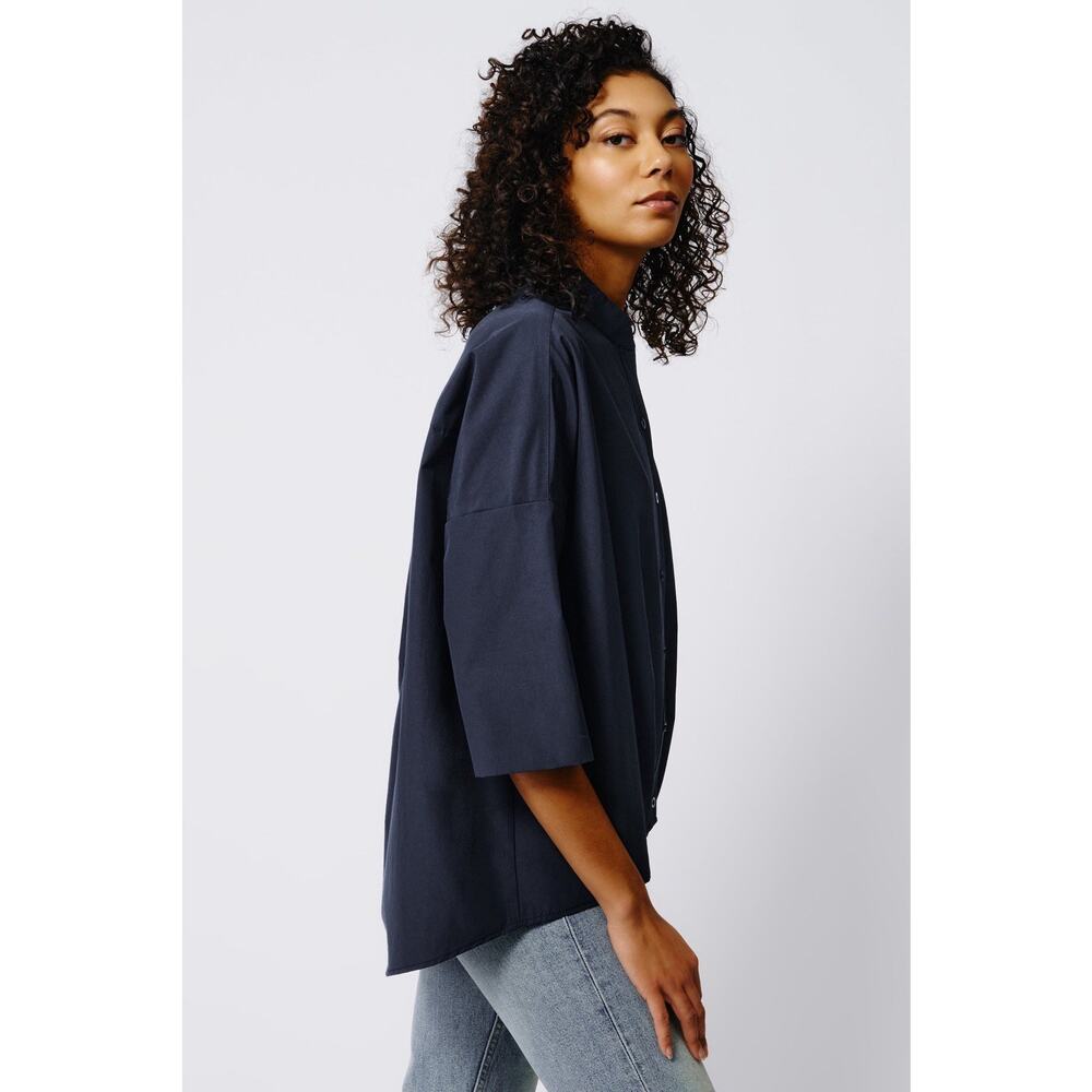 Kal Rieman Oversized Boxy Pleat Hem Kimono Top Blouse Navy Blue Minimalist XS - Picture 2 of 7